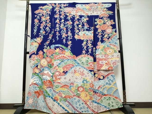 平和屋着物●豪華振袖 紅型 流水草花文 正絹 逸品 DABK0960ud