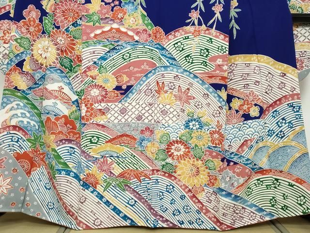平和屋着物●豪華振袖 紅型 流水草花文 正絹 逸品 DABK0960ud
