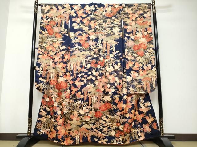 平和屋着物●豪華振袖 駒刺繍 流水草花文 金彩 正絹 逸品 DABK0969ud