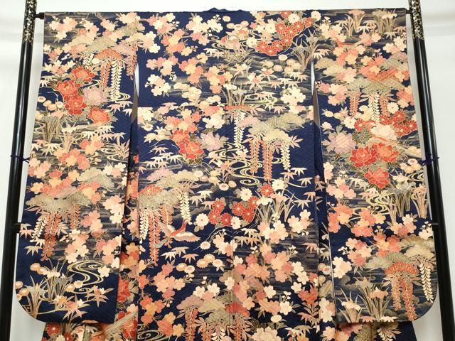 平和屋着物●豪華振袖 駒刺繍 流水草花文 金彩 正絹 逸品 DABK0969ud