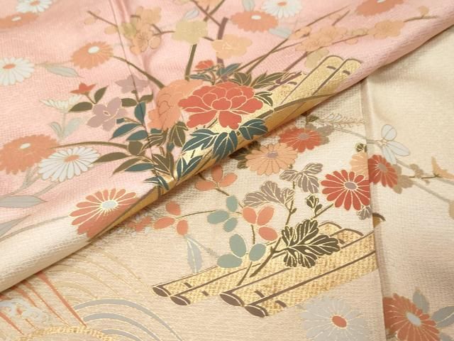 平和屋着物●訪問着 草花筏文 暈し染め 金彩 正絹 逸品 DABK0992ud