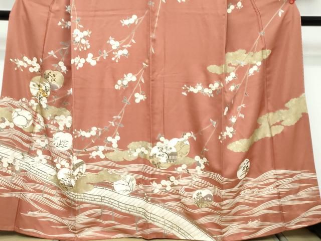 平和屋着物●訪問着 駒刺繍 渡橋風景草花文 金彩 ますいわ屋扱い 正絹 逸品 DABK0995ud