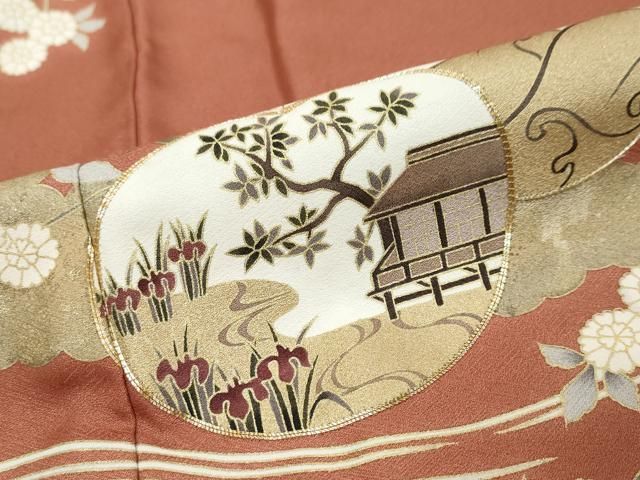 平和屋着物●訪問着 駒刺繍 渡橋風景草花文 金彩 ますいわ屋扱い 正絹 逸品 DABK0995ud
