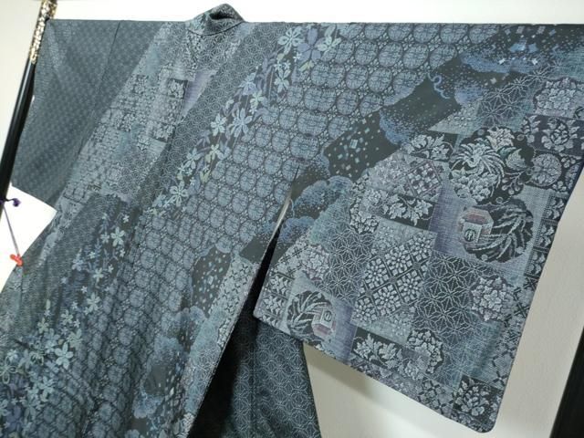 平和屋着物●本場縞大島紬 訪問着 染大島 吉祥花鳥文 正絹 逸品 DABK0998ud