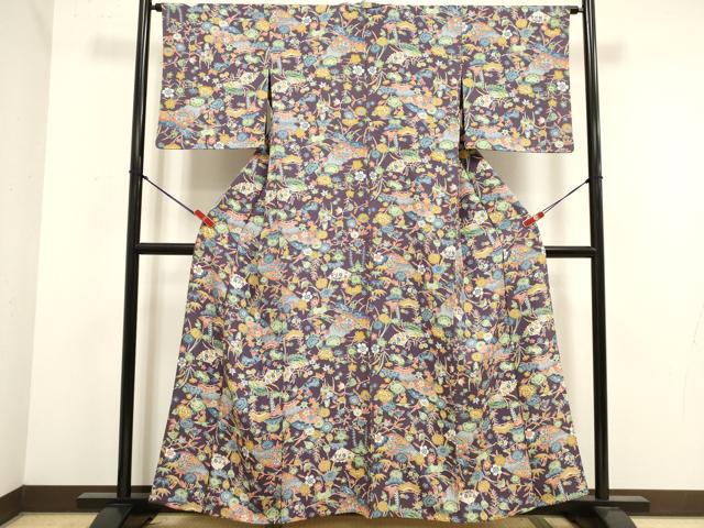 平和屋着物▽上質な小紋 単衣 型染め 扇面花文 正絹 逸品 DABK1008cd