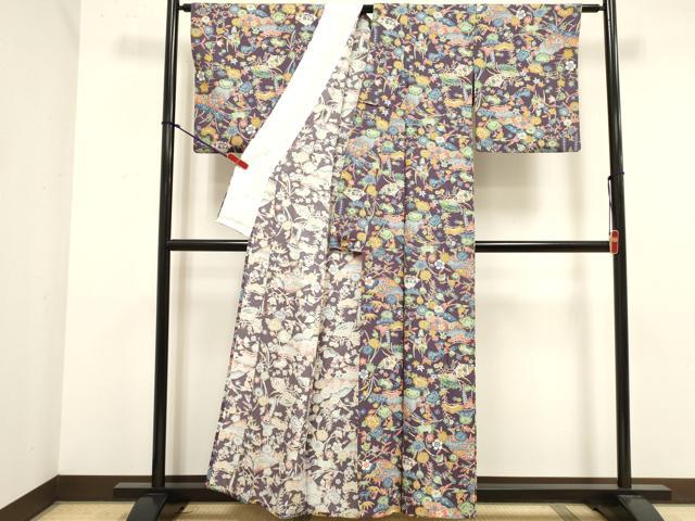 平和屋着物▽上質な小紋 単衣 型染め 扇面花文 正絹 逸品 DABK1008cd