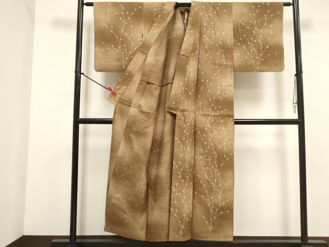 平和屋着物▽上質な小紋 単衣 紬地 枝花文 正絹 逸品 DABK1042cd