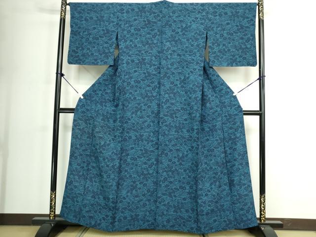 平和屋着物▽上質な小紋 単衣 藍 型染め 舞桜文 正絹 逸品 DABK1249cd