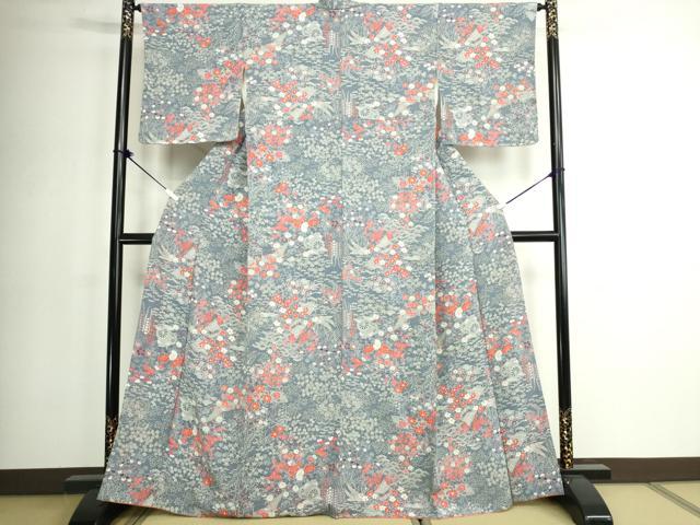 平和屋着物■上質な小紋 風景花文 鬼しぼ縮緬 正絹 逸品 未使用 DABK1314cd