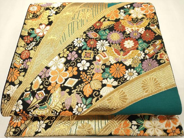 平和屋着物◎六通柄名古屋帯 唐織 花蝶文 宝尽くし 金糸 正絹 逸品 DABK1507cd