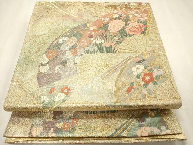 平和屋着物◎両面 両方向 全通柄袋帯 六歌仙色紙文 扇絵色草花 正絹 逸品 DABK1514cd