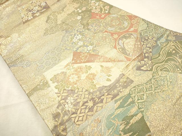 平和屋着物◎両面 両方向 全通柄袋帯 六歌仙色紙文 扇絵色草花 正絹 逸品 DABK1514cd