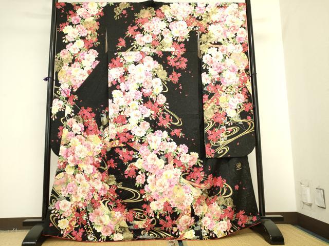 平和屋着物●豪華振袖 刺繍 花鞠文 黒地 ラメ糸 金銀彩 銀通し地 正絹 逸品 DABK2005op
