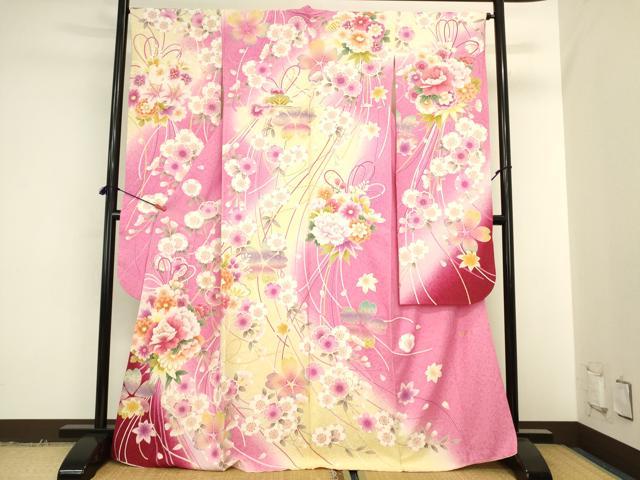 平和屋着物●豪華振袖 刺繍 結び紐花文 暈し染め 金彩 金通し地 正絹 逸品 DABK2011op