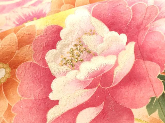 平和屋着物●豪華振袖 刺繍 結び紐花文 暈し染め 金彩 金通し地 正絹 逸品 DABK2011op