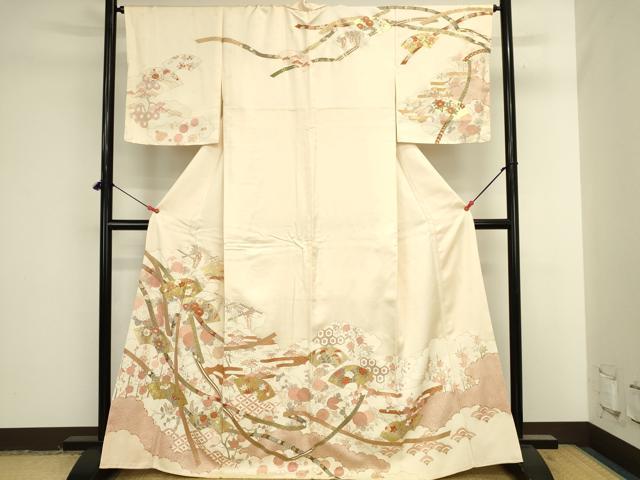 平和屋着物●訪問着 駒刺繍 地紙花文 枝梅 暈し染め 金彩 正絹 逸品 DABK2038op