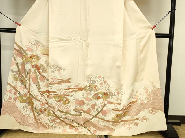 平和屋着物●訪問着 駒刺繍 地紙花文 枝梅 暈し染め 金彩 正絹 逸品 DABK2038op