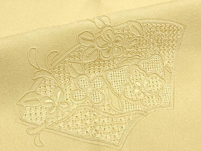 平和屋着物●中国三大刺繍 汕頭刺繍 スワトウ刺繍 総刺繍 長襦袢 無双仕立て 地紙花文 卵色 正絹 逸品 DABK2102op