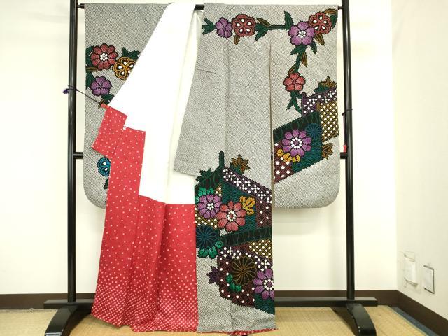 平和屋着物●豪華振袖 総絞り 吉祥舞花文 黒地 正絹 逸品 DABK2131op