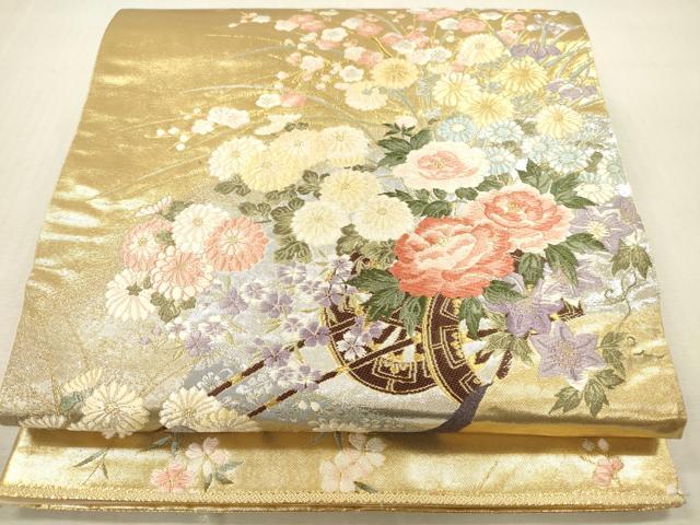 平和屋本店▼六通柄袋帯 唐織 雲取花車文 本金箔 正絹 逸品 DABK2142op