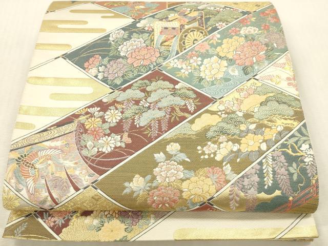 平和屋本店▼六通柄袋帯 唐織 御所車風景花文 本金箔 正絹 逸品 DABK2143op