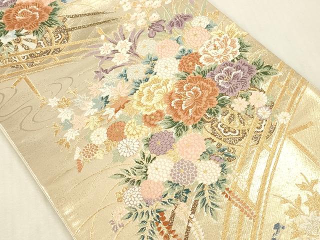 平和屋本店▼六通柄袋帯 唐織 重ね橋花車紋 本金二重箔 正絹 逸品 DABK2161op