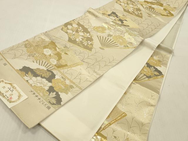 平和屋本店▼六通柄袋帯 松寿錦 扇面花文 プラチナ24K織 正絹 逸品 未使用 DABK2163op