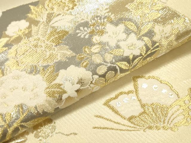 平和屋本店▼六通柄袋帯 舞蝶地紙花文 プラチナ24K織 正絹 逸品 DABK2169op
