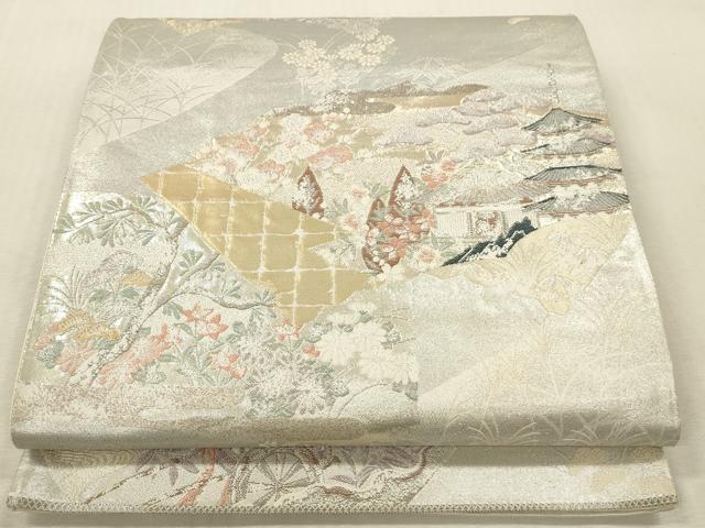 平和屋本店▼六通柄袋帯 唐織 地紙風景花文 九百錦 純金箔 正絹 逸品 DABK2171op