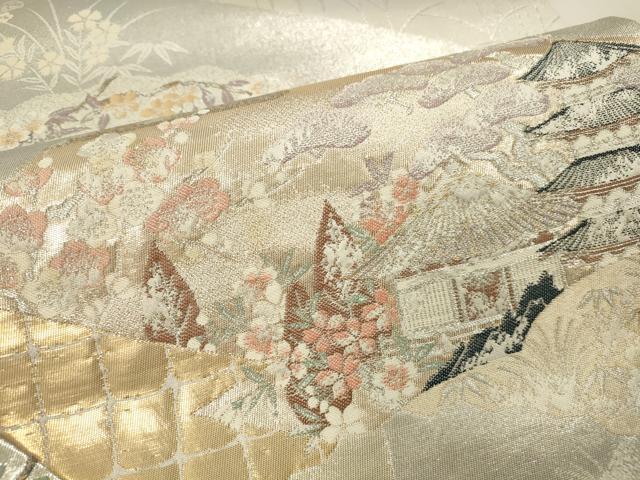 平和屋本店▼六通柄袋帯 唐織 地紙風景花文 九百錦 純金箔 正絹 逸品 DABK2171op