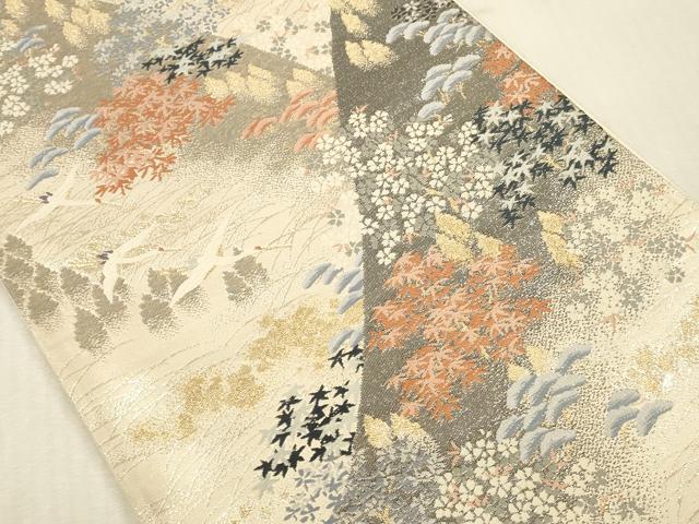平和屋本店▼六通柄袋帯 唐織 飛鶴風景花文 純銀純金箔 正絹 逸品 DABK2179op