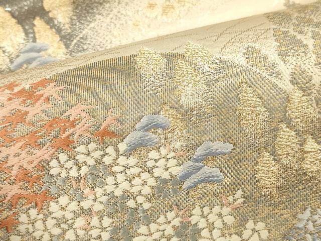 平和屋本店▼六通柄袋帯 唐織 飛鶴風景花文 純銀純金箔 正絹 逸品 DABK2179op