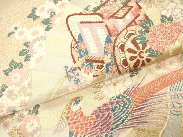 平和屋本店▼六通柄袋帯 唐織 花車扇鳥文 本金二重箔 正絹 逸品 DABK2203op