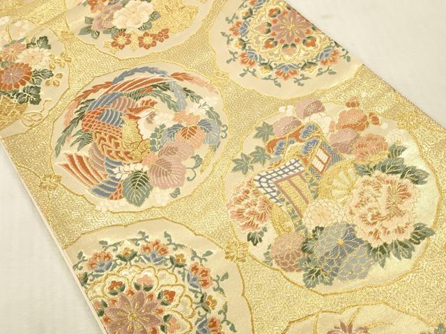 平和屋本店▼六通柄袋帯 唐織 御所車鳳凰花文 本金箔 正絹 逸品 DABK2204op