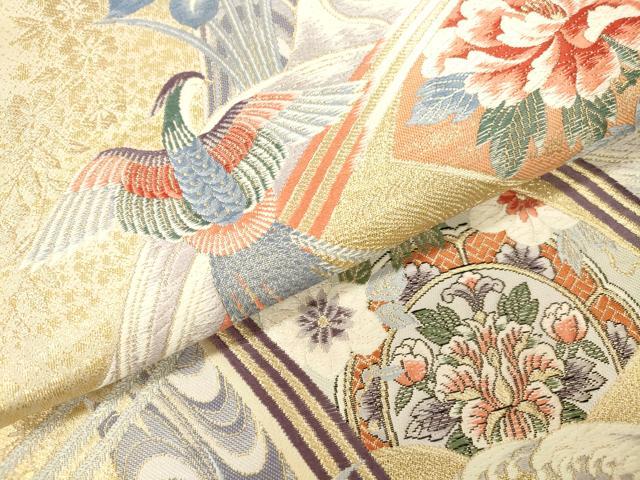 平和屋本店▼西陣 六通柄袋帯 唐織 流扇鳳凰文 九百錦24K本金箔 証紙付き 正絹 逸品 DABK2214op