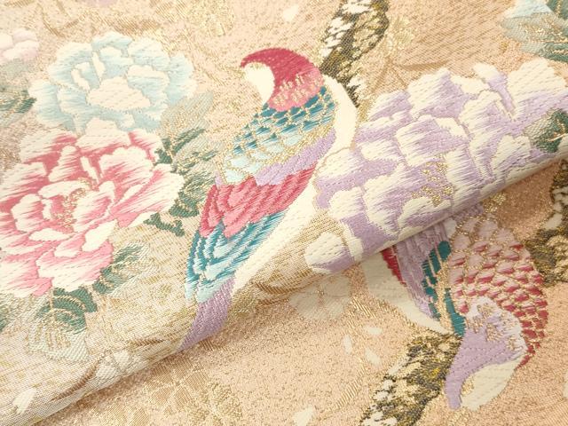 平和屋本店▼西陣 京洛苑たはら謹製 六通柄袋帯 唐織 枝花に鳥 純銀・純金箔 証紙付き 正絹 逸品 DABK2216op