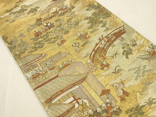 平和屋本店▼全通全景柄袋帯 支那風景唐子遊図 プラチナ本金二重箔 正絹 逸品 DABK2218op
