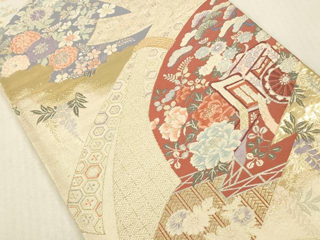 平和屋本店▼六通柄袋帯 唐織 地紙御所車花文 本金箔錦織 二重織 正絹 逸品 DABK2220op