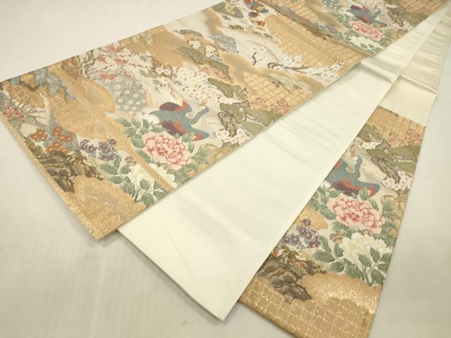 平和屋本店▼六通柄袋帯 唐織 孔雀花文 桃山浪暖桃香文 本金箔 正絹 逸品 DABK2228op