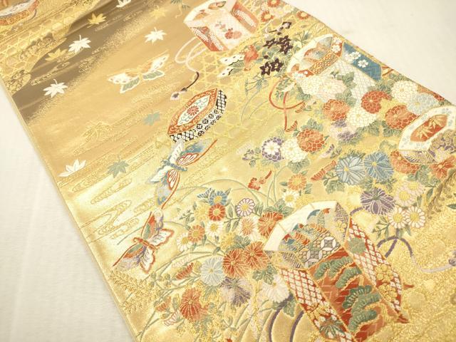 平和屋本店▼六通柄袋帯 唐織 貝桶蝶彩文 本金箔 九百織 正絹 逸品 DABK2232op