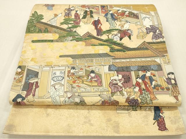 平和屋本店▼太鼓柄袋帯 作家物 洛中洛外図 純金箔 正絹 逸品 DABK2240op