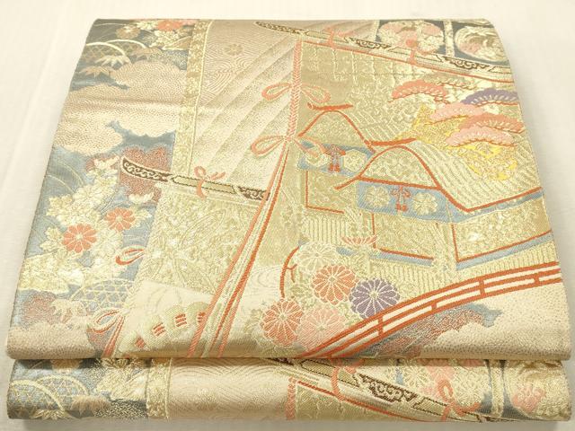 平和屋本店▼西陣 六通柄袋帯 几帳風景花文 本金二丁箔 正絹 逸品 DABK2247op
