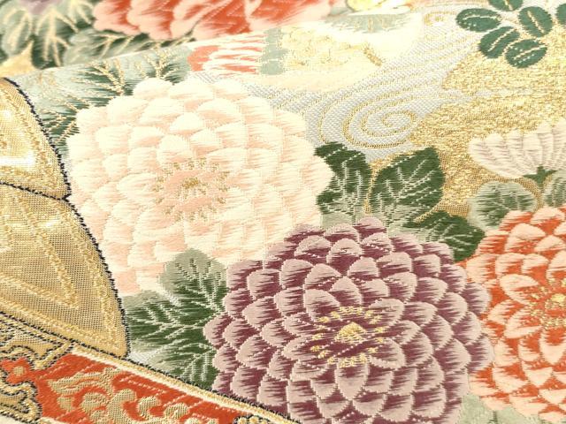 平和屋本店▼六通柄袋帯 唐織 扇面御所車 九百本金弐重織 健勝苑扱い 正絹 逸品 DABK2253op