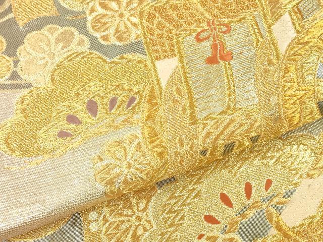 平和屋本店▼佐賀錦 六通柄袋帯 御所車花松文 本金箔 正絹 逸品 DABK2255op