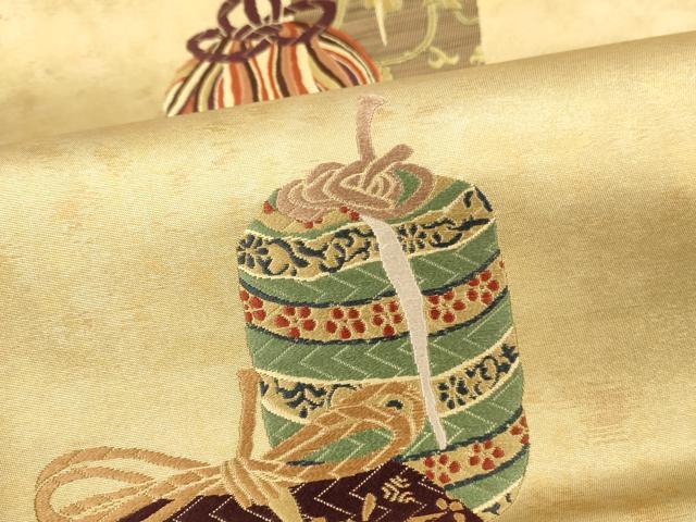 平和屋本店▼六通柄袋帯 唐織 仕覆花文 引箔 本金箔 正絹 逸品 DABK2257op