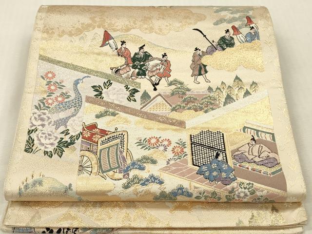 平和屋本店▼六通柄袋帯 唐織 人物風景御所車花文 九百錦 純金 正絹 逸品 DABK2269op