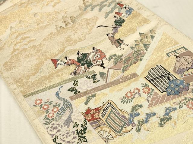 平和屋本店▼六通柄袋帯 唐織 人物風景御所車花文 九百錦 純金 正絹 逸品 DABK2269op