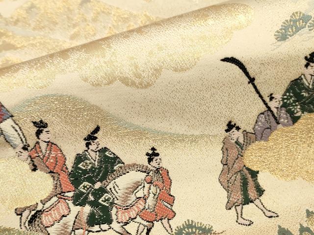 平和屋本店▼六通柄袋帯 唐織 人物風景御所車花文 九百錦 純金 正絹 逸品 DABK2269op