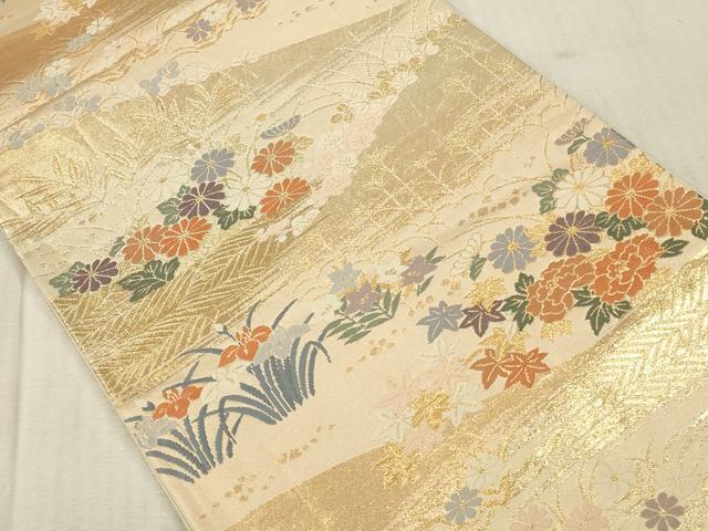 平和屋本店▼六通柄袋帯 唐織 風景花文 本金二重箔 正絹 逸品 DABK2278op