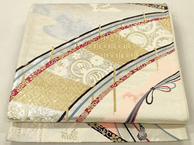 平和屋本店▼六通柄袋帯 唐織 渡り橋吉祥飛鶴花文 慶長錦 本金二重箔 正絹 逸品 DABK2282op